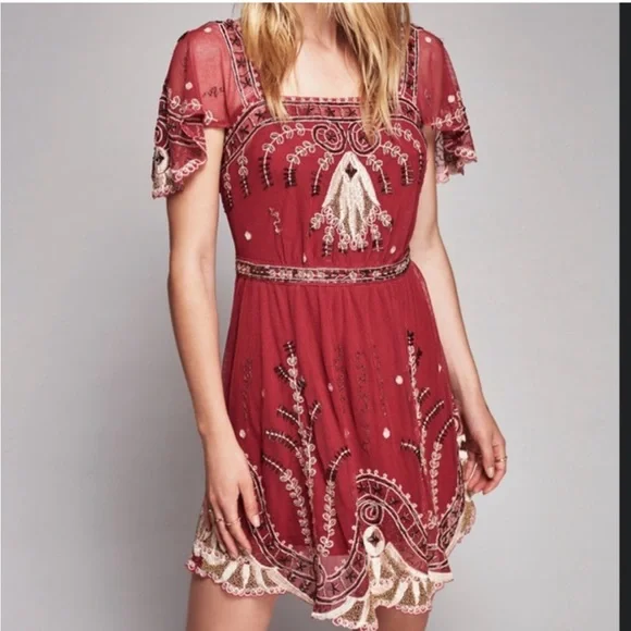 Free People | Dresses | Free People Notting Hill Embroidered Beaded Mesh Mini  Dress Size M Burgundy Nwt | Poshmark